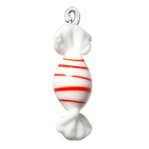 Focal, lampworked glass, white and red, 33x16mm 3D candy. Sold individually.