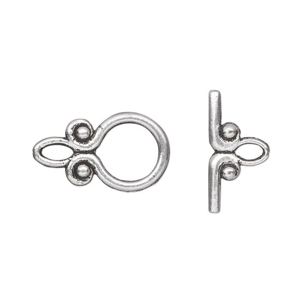 Clasp, toggle, antique silver-plated "pewter" (zinc-based alloy), 15x12mm double-sided fancy round. Sold per pkg of 20. image number 0