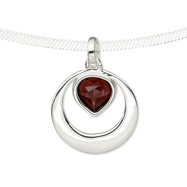 Pendant, garnet (natural) and sterling silver, 27mm round with faceted heart. Sold individually. image number 0