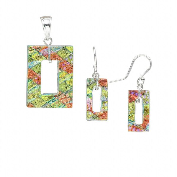 Pendant and earring set, sterling silver and dichroic glass, yellow/orange, 43x22mm open rectangle pendant, 35x10mm open rectangle earrings. Sold per set. image number 0