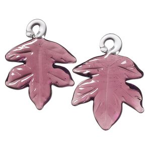 Drop, lampworked glass, transparent purple, 25x24mm handmade single-sided maple leaf. Sold per pkg of 2.