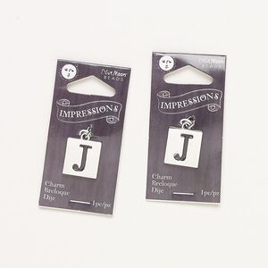 Drop, silver-finished "pewter" (zinc-based alloy) and steel, 16x15mm flat square with cutout alphabet letter "J." Sold per pkg of 2.