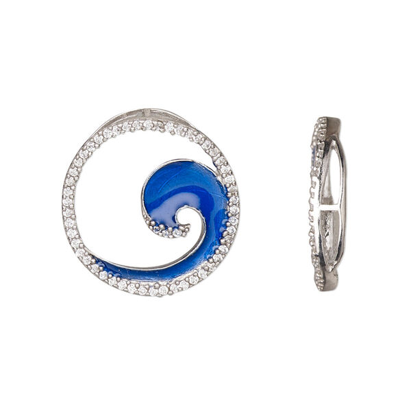 Component, cubic zirconia / rhodium-plated sterling silver / enamel, clear and blue, 20mm open round with wave. Sold individually. image number 0