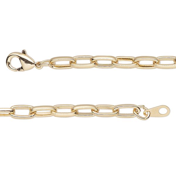 Chain, gold-finished steel, 4mm paperclip, 24 inches with lobster claw clasp. Sold individually. image number 0