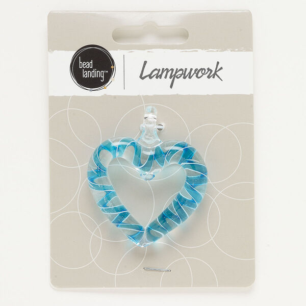 Pendant, lampworked glass, translucent and transparent aqua blue and clear, 42x38mm heart. Sold individually. image number 0