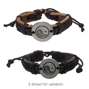 Bracelet, leather (dyed) / waxed cotton cord / antiqued "pewter" (zinc-based alloy), black, 13mm wide with 25mm round and yin-yang design, adjustable from 6 to 8-1/2 inches with wrapped knot closure. Sold per pkg of 2.
