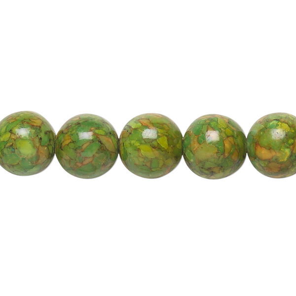 Bead, mosaic "turquoise" (magnesite) (dyed / assembled), green, 10mm round, B grade, Mohs hardness 3-1/2 to 4. Sold per 15-1/2" to 16" strand. image number 0