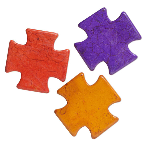 Bead mix, magnesite (dyed / stabilized), mixed colors, 50mm Swiss cross, C grade, Mohs hardness 3-1/2 to 4. Sold per pkg of 3. image number 0