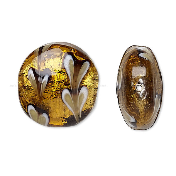 Bead, lampworked glass, brown and multicolored with silver-colored foil, 22mm double-sided puffed flat round with heart pattern. Sold per pkg of 2. image number 0
