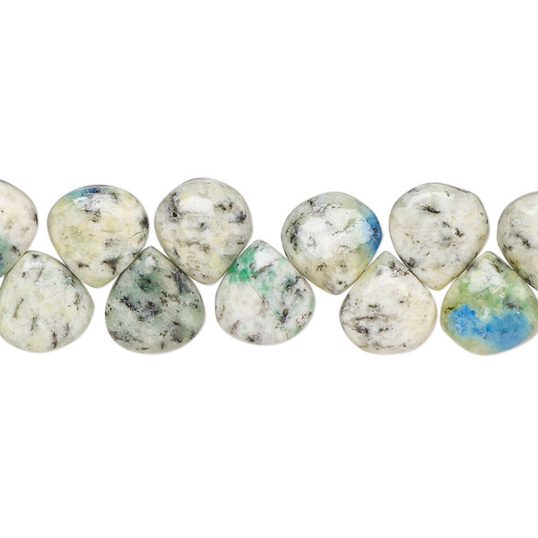 Bead, K2 "jasper" (granite and azurite) (natural), 8mm-10x9mm hand-cut top-drilled puffed teardrop with 0.4-1.4mm hole, C grade, Mohs hardness 3-1/2 to 7. Sold per 8-inch strand. image number 0