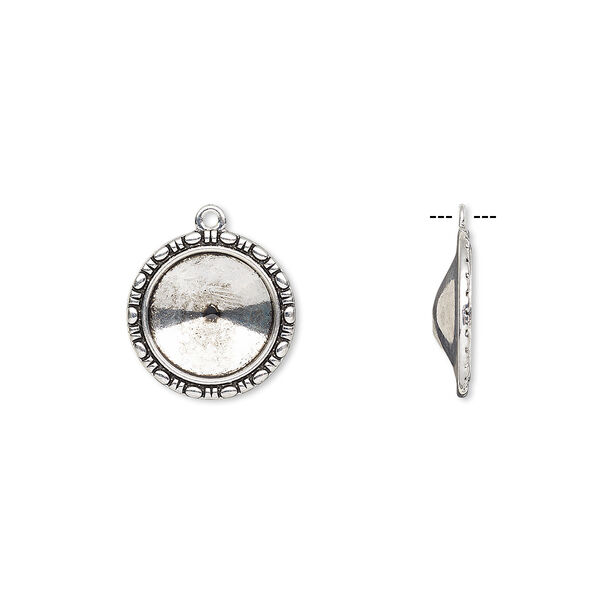 Drop, Almost Instant Jewelry®, antique silver-finished "pewter" (zinc-based alloy), 23mm round with beaded design and 16mm rivoli setting. Sold per pkg of 6. image number 0