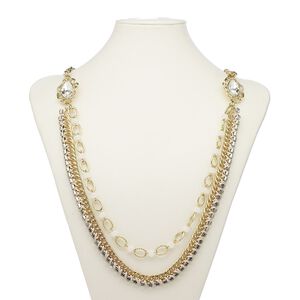 Necklace, glass / waxed cotton cord / gold-finished brass / steel / "pewter" (zinc-based alloy), beige / clear / white, layered, 33 inches with 2-inch extender chain and lobster claw clasp. Sold individually.