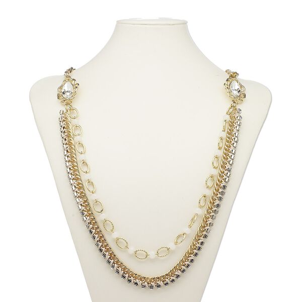 Necklace, glass / waxed cotton cord / gold-finished brass / steel / "pewter" (zinc-based alloy), beige / clear / white, layered, 33 inches with 2-inch extender chain and lobster claw clasp. Sold individually. image number 0