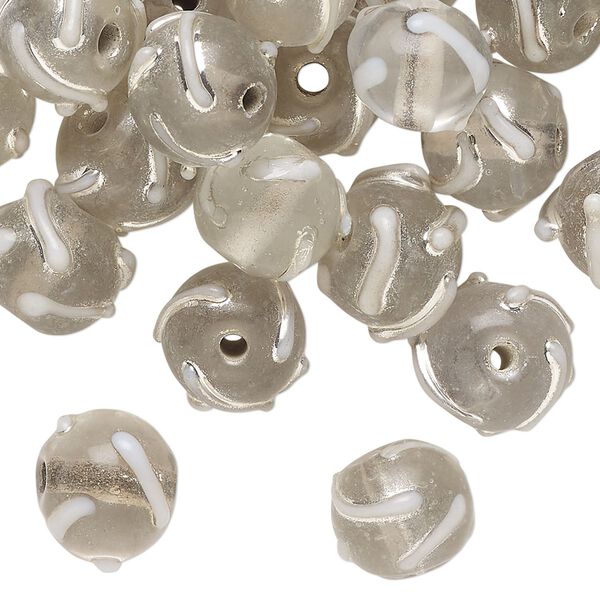 Bead, lampworked glass, transparent clear and silver, 10mm round with swirl design. Sold per 2-ounce pkg, approximately 35 beads. image number 0