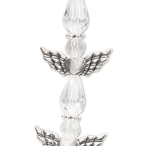 Bead, crystal and antique silver-plated "pewter" (zinc-based alloy), transparent clear, 25x22mm angel. Sold per pkg of 4.