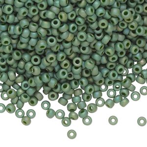 Seed bead, Miyuki, glass, pkg/50g, #8 rocaille, opaque matte rainbow basil green, (RR-4700).