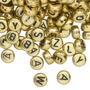Bead mix, acrylic, opaque gold and black, 7mm double-sided flat round with alphabet letters. Sold per pkg of 200.