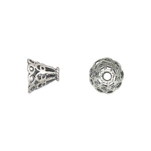 Bead cap, antiqued sterling silver, 10x9mm filigree cone, for 9mm bead. Sold per pkg of 2.