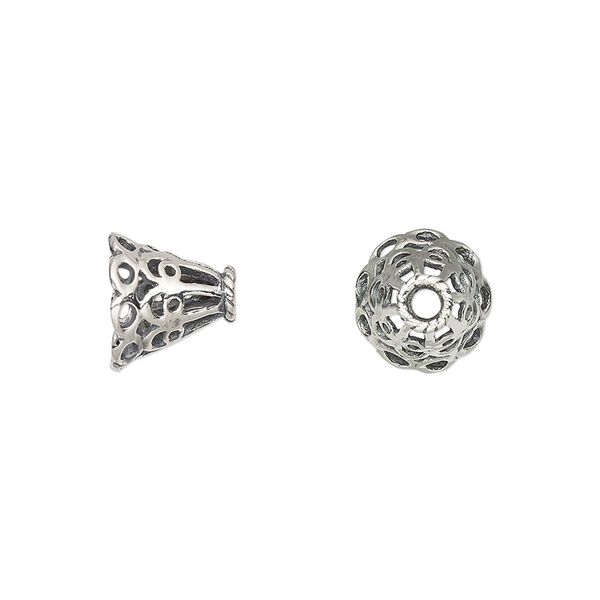 Bead cap, antiqued sterling silver, 10x9mm filigree cone, for 9mm bead. Sold per pkg of 2. image number 0