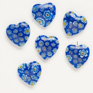 Bead, millefiori glass, translucent cobalt blue / yellow / white, 16-18mm half-drilled puffed heart. Sold per pkg of 6.