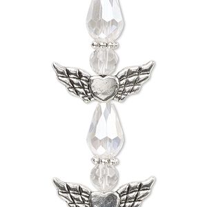 Bead, crystal and antique silver-plated "pewter" (zinc-based alloy), translucent clear AB, 25x22mm angel. Sold per pkg of 4.