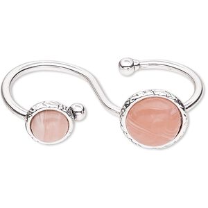 Ring, resin with silver-plated steel and "pewter" (zinc-based alloy), pink, 14mm wide double band with 11mm and 14mm round, size 9. Sold individually.