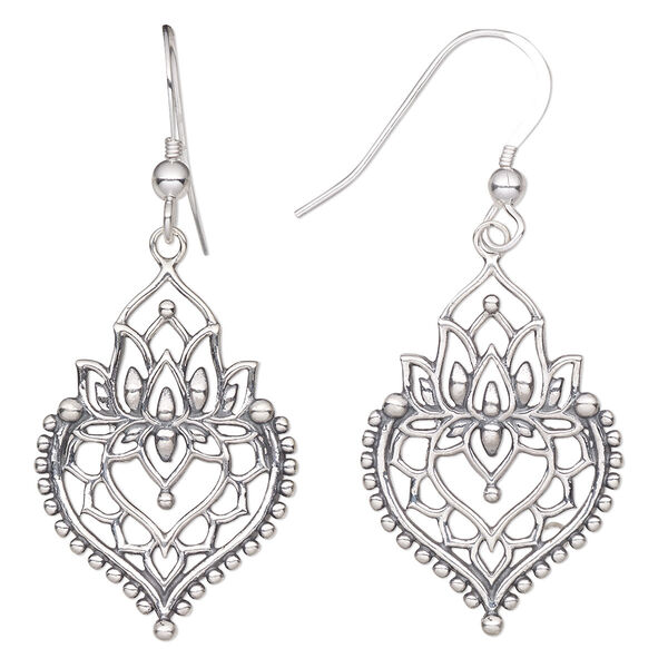 Earring, Create Compliments®, antiqued sterling silver, 48mm lotus flower and heart with cutout design and fishhook ear wire, 21 gauge. Sold per pair. image number 0