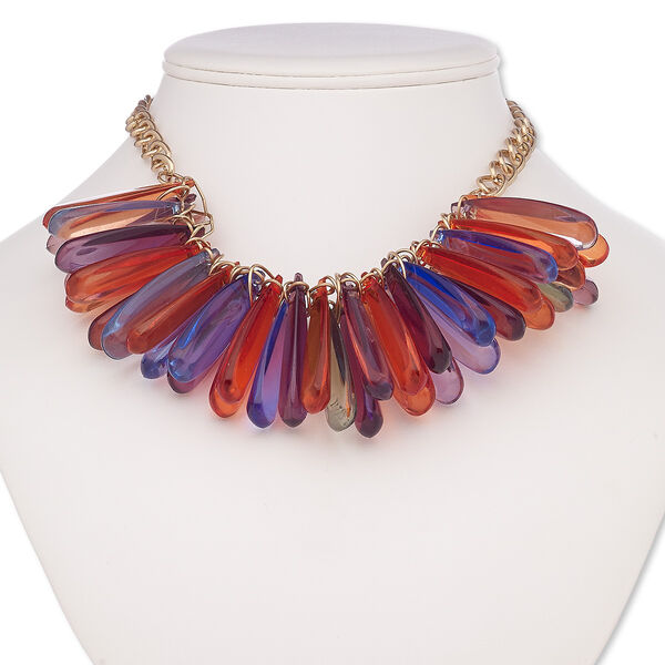Necklace, acrylic / rose gold-coated plastic / rose gold-finished brass / steel, multicolored, 45x10mm teardrop, 18 inches with 2-inch extender chain and lobster claw clasp. Sold individually. image number 0