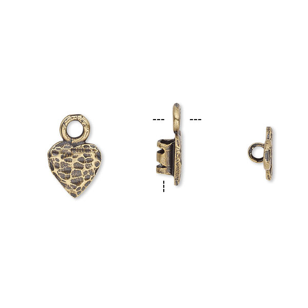 Crimp end, antiqued brass, 8x7.5mm textured heart with loop, 2mm inside diameter. Sold per pkg of 2. image number 0