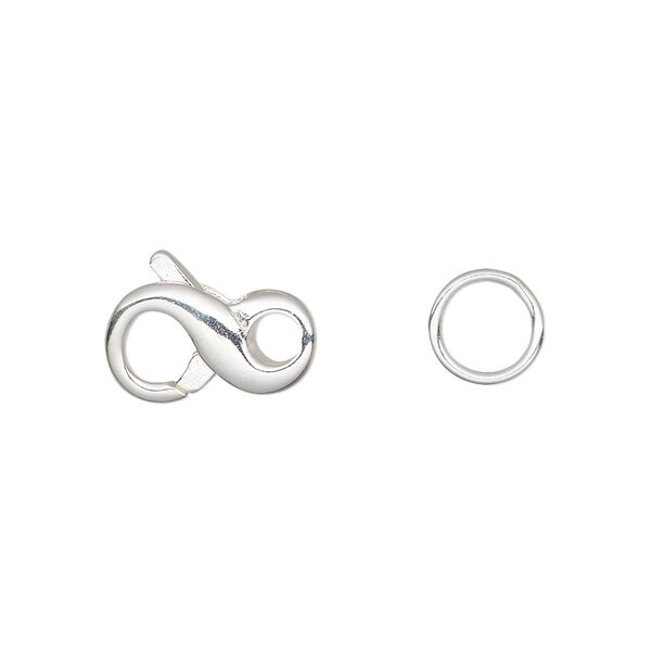 Clasp, lobster claw, silver-plated brass, 14.5x9mm infinity with 8mm closed jump ring. Sold per pkg of 4. image number 0
