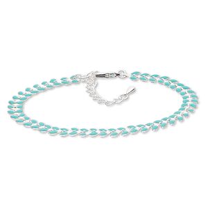 Bracelet, epoxy and silver-plated brass, turquoise green, 6.5mm wide with wreath design, 7-1/2 inches with 2-1/4 inch extender chain and lobster claw clasp. Sold individually.