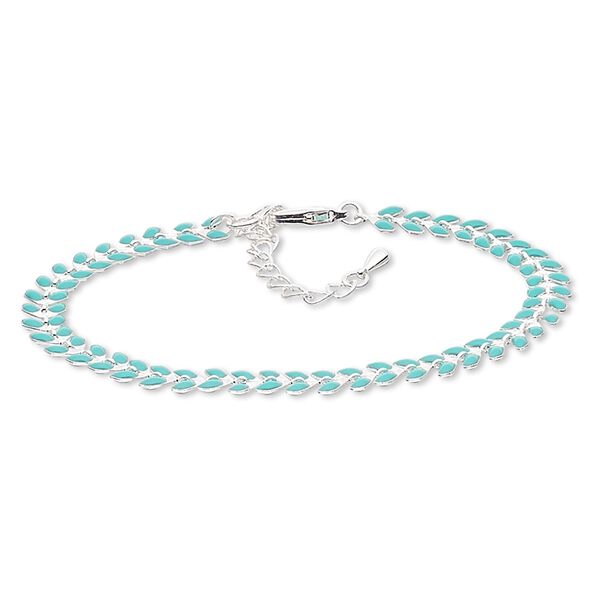 Bracelet, epoxy and silver-plated brass, turquoise green, 6.5mm wide with wreath design, 7-1/2 inches with 2-1/4 inch extender chain and lobster claw clasp. Sold individually. image number 0