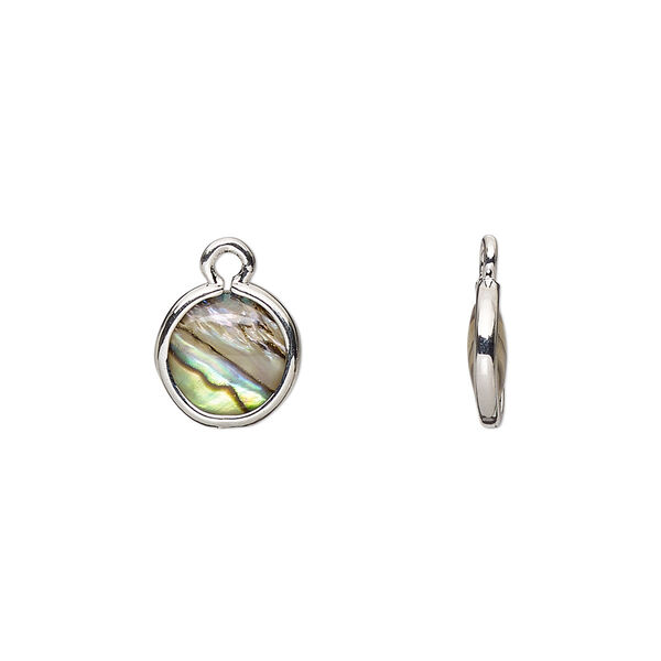 Drop, paua shell and imitation rhodium-finished brass (assembled), 9.5-10.5mm double-sided round. Sold per pkg of 4. image number 0