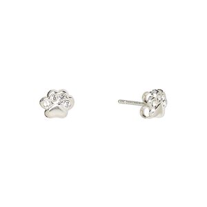 Earstud, Create Compliments®, sterling silver and crystal, clear, 7.5x6mm paw print. Sold per pair.