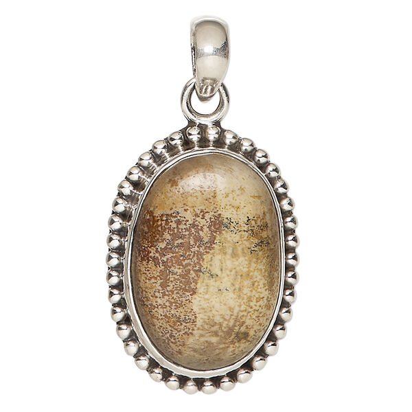 Pendant, picture jasper (natural) and sterling silver, 30x25mm beaded oval. Sold individually. image number 0