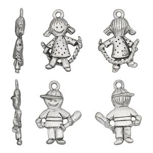 Charm, antiqued pewter (tin-based alloy), 19x15mm two-sided girl with rope and 19x16mm two-sided boy with bat. Sold per 2-piece set.