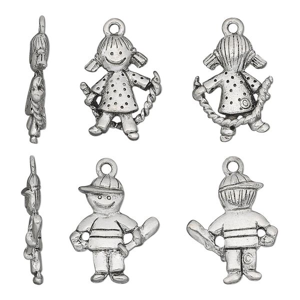 Charm, antiqued pewter (tin-based alloy), 19x15mm two-sided girl with rope and 19x16mm two-sided boy with bat. Sold per 2-piece set. image number 0