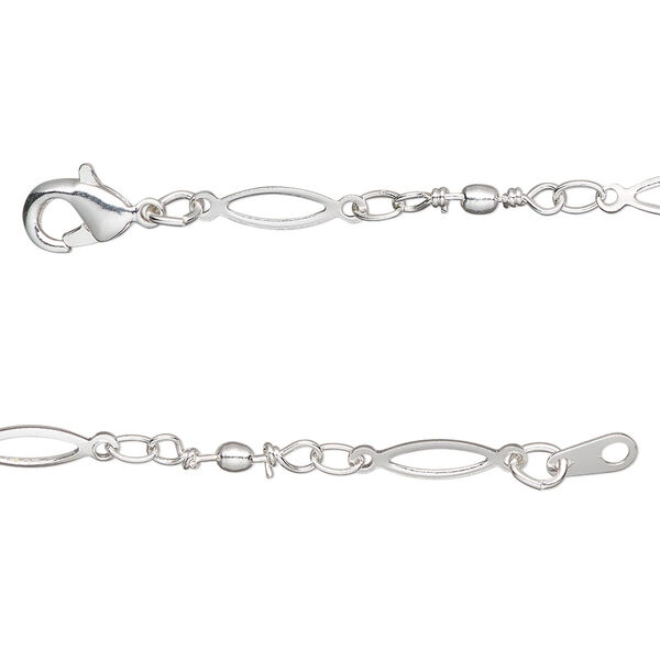 Chain, silver-plated brass, 11x2mm open oval and handmade wire-wrapped links with 2mm ball, 24 inches with lobster claw clasp. Sold individually. image number 0