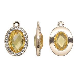 Drop, glass / glass rhinestone / gold-finished "pewter" (zinc-based alloy), clear and transparent citrine yellow, 19x15.5mm single-sided oval. Sold per pkg of 2.