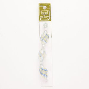 Bead 1pkg4 handblown glass, mixed shapes / line design, assortment translucent and transparent blue / yellow / clear