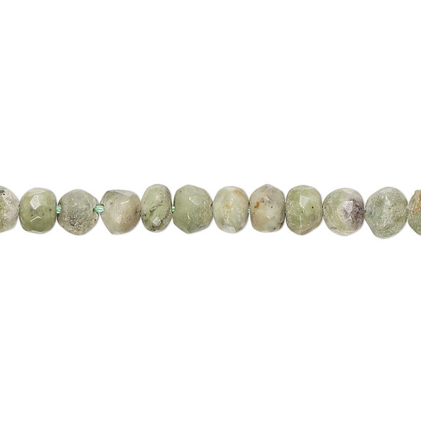Bead, olive chrysoprase (natural), 4x3mm-6x4mm hand-cut faceted rondelle and 5mm faceted round, F- grade, Mohs hardness 6-1/2 to 7. Sold per 14-inch strand. image number 0