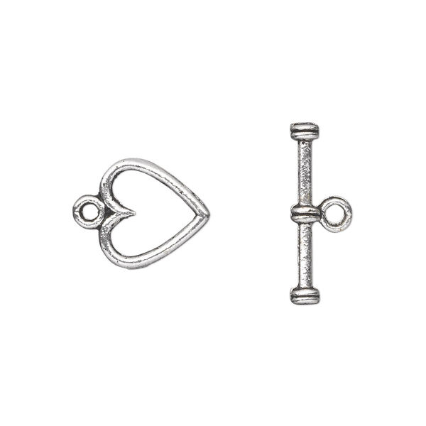 Clasp, toggle, antique silver-plated "pewter" (zinc-based alloy), 12x12mm double-sided heart. Sold per pkg of 20. image number 0