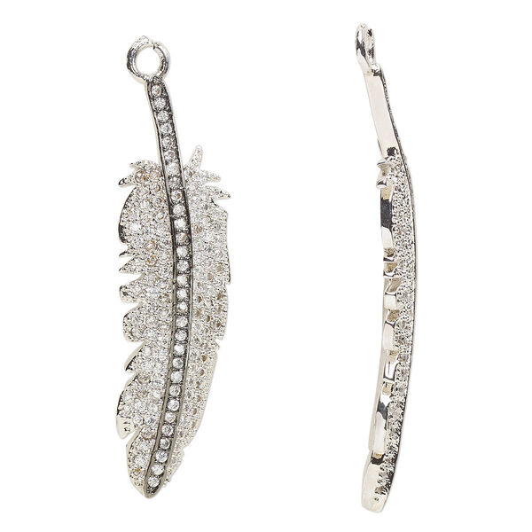 Focal, cubic zirconia / silver- / black-finished brass, clear, 45x13mm single-sided feather. Sold individually. image number 0