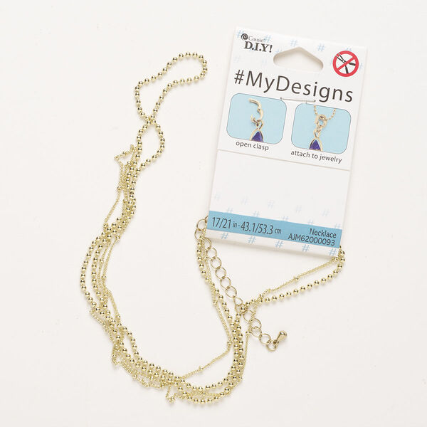 Necklace, 2-strand, steel, pkg/(1) 17 inches, gold finish, 2mm ball and 2mm curb with lobster claw clasp and 3-inch extender chain. image number 0