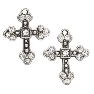 Drop, antique silver-finished "pewter" (zinc-based alloy) and glass, clear, 23x21mm-24x22mm cross. Sold per pkg of 2.