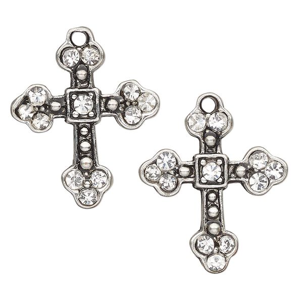 Drop, antique silver-finished "pewter" (zinc-based alloy) and glass, clear, 23x21mm-24x22mm cross. Sold per pkg of 2. image number 0