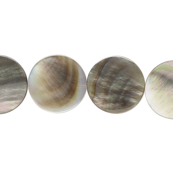 Bead, black lip shell (natural), 15mm flat round. Sold per 15-1/2" to 16" strand. image number 0
