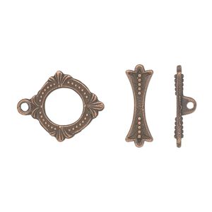 Clasp toggle 1pkg20 copper-plated "pewter" (zinc alloy), 15x14mm double-sided round, antique 1-strand