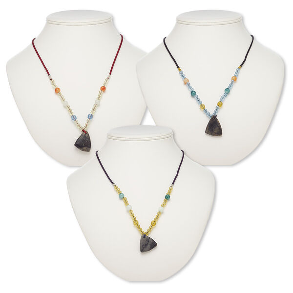 Necklace mix, Picasso marble / multi-gemstone (natural / dyed) / nylon / acrylic / glass, multicolored, 26x26x24mm-31x28x26mm triangle, 20- to 24-inch continuous loop. Sold per pkg of 3. image number 0