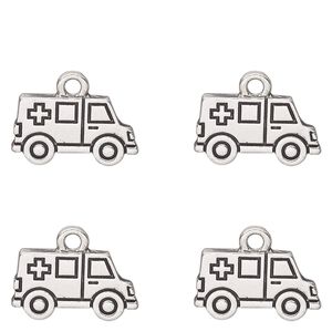 Charm, antique silver-finished "pewter" (zinc alloy) and enamel, black, 17x10mm single-sided ambulance. Sold per pkg of 4.